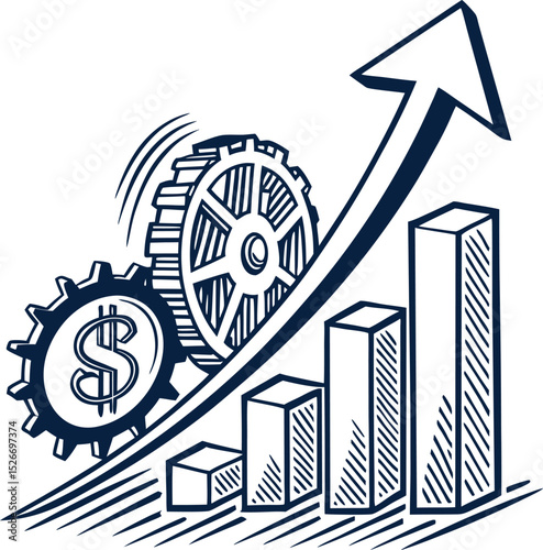 Financial Progress: A stylized illustration featuring ascending bar graphs and cogwheels. Representing the forward movement of finances, the image is a symbol of business growth, economic progress.