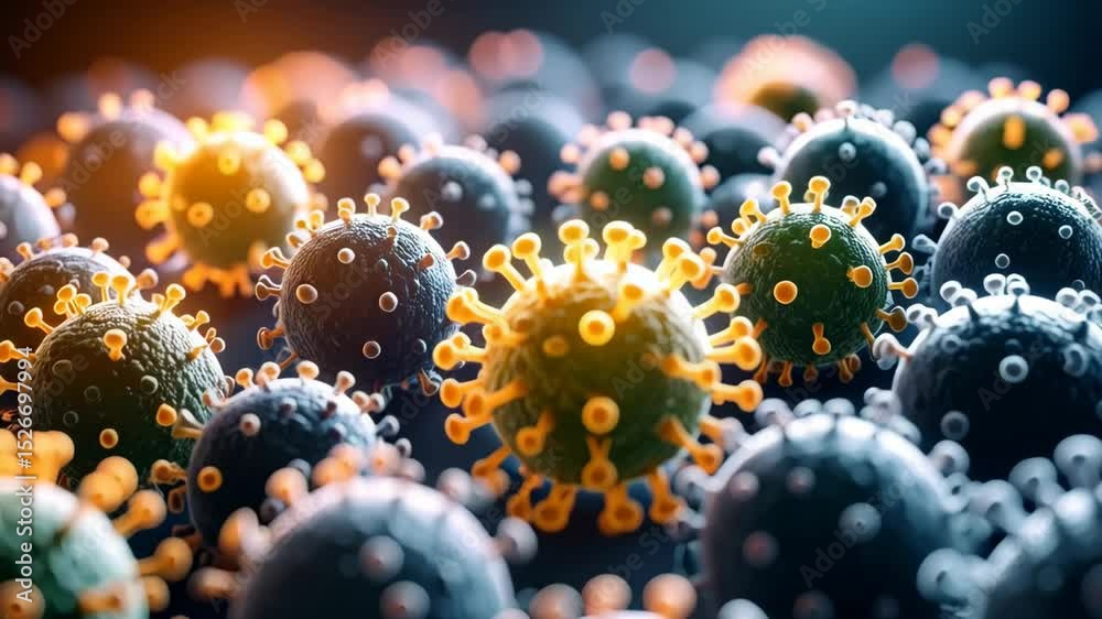 Microscopic image of numerous spherical virus particles with spike proteins, conceptual visualization of infection and disease