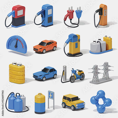 vector icons to vehicle fueling and charging a gasoline pump, an electric vehicle plug hydrogen mole
