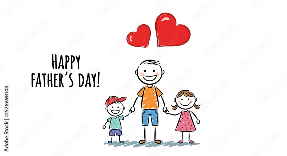 Father's Day Illustration Featuring a Father and Children with Hearts Father's Day Illustration Featuring a Father and Children with Hearts