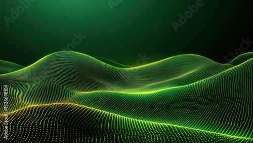 Abstract landscape of glowing green and yellow lines and dots.