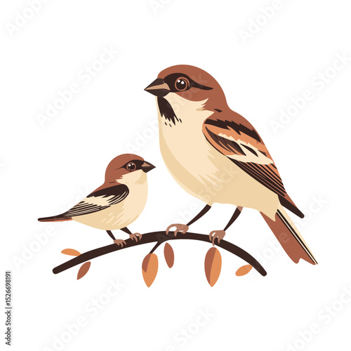 2D flat vector illustration of A Mother Sparrow With Her Kid, isolated on a white background.