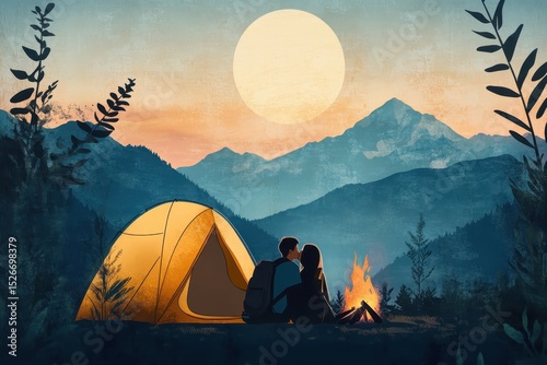 Couple Camper. Asian Backpacker Couple Kissing by Campfire in Forest