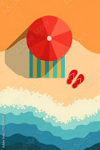 Summer vacation beach illustration: cheerful red umbrella, striped towel, and flip-flops on warm golden sand beside tranquil waters.