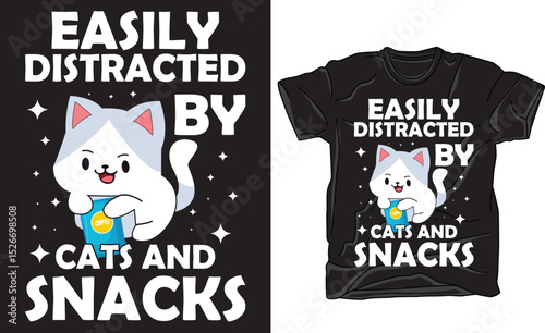 A cute and funny cat lover t-shirt design featuring snacks and lazy vibes. Perfect for relaxed personalities who adore cats and food. Ideal for casual summer wear and gifting.