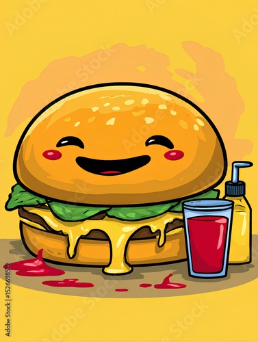 Happy cartoon burger character with melted cheese, lettuce, and condiments, accompanied by a glass of beverage, set against a vibrant yellow background, showcasing a playful food illustration