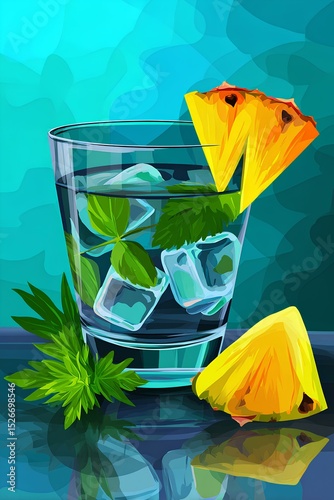 Refreshing cocktail illustration featuring a glass filled with ice cubes, mint leaves, and pineapple slices against a vibrant turquoise background, evoking a tropical atmosphere