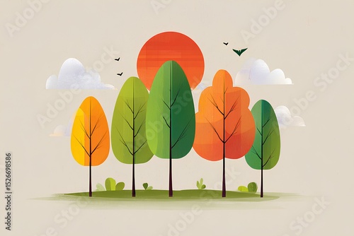 Colorful trees under a cheerful sky with a bright sun and soft clouds, forming a playful nature scene perfect for creative designs.