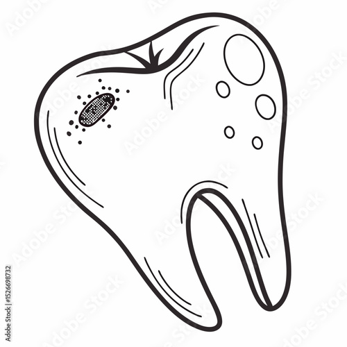 A minimalist line art vector of a single tooth with visible plaque or decay spots, illustrating poor dental hygiene