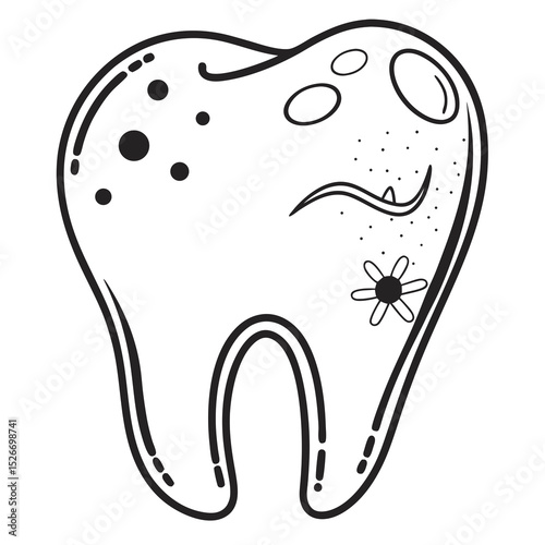 A minimalist line art vector of a single tooth with visible plaque or decay spots, illustrating poor dental hygiene