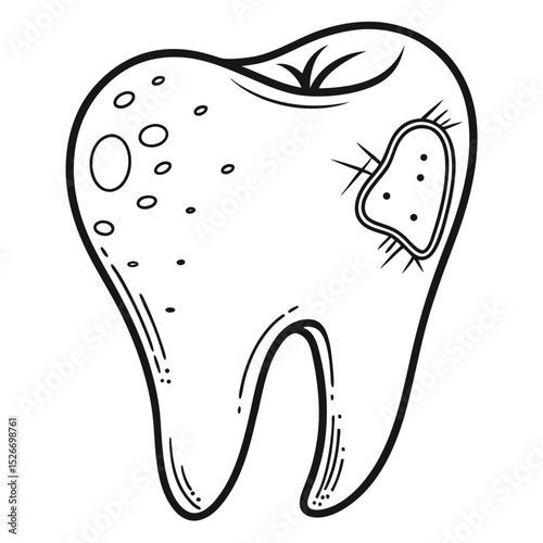 A minimalist line art vector of a single tooth with visible plaque or decay spots, illustrating poor dental hygiene