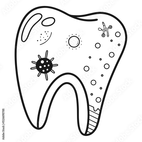 A minimalist line art vector of a single tooth with visible plaque or decay spots, illustrating poor dental hygiene