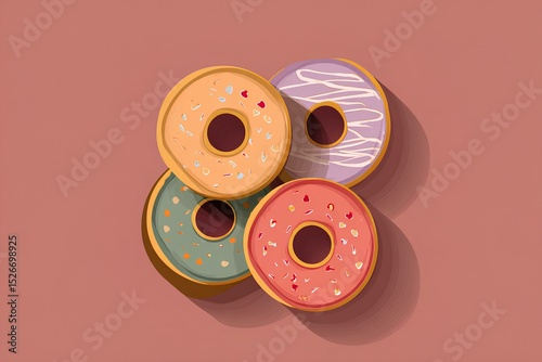 Colorful assortment of four illustrated donuts with various toppings and flavors, arranged on a pastel background, showcasing delightful dessert options for food lovers