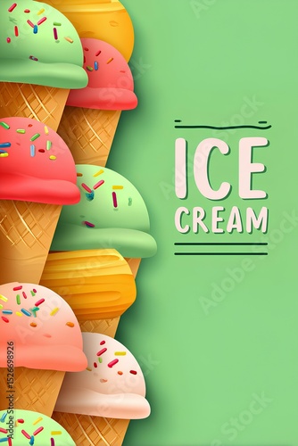 Illustration of loaded ice cream cones with overflowing sprinkles against a contrasting mint green background.