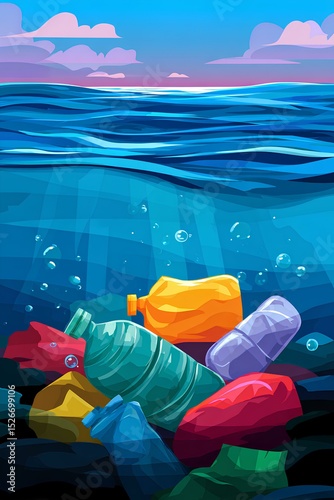 Eco-conscious artwork depicting the invasion of plastic waste in aquatic ecosystems, with vibrant bottles floating among imaginary bubbles in deceptively pretty pollution scene.