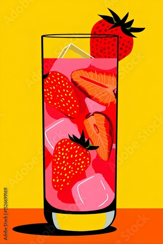 Playful vector illustration of an iced strawberry drink, fresh fruit slices and melting ice cubes, ideal for beverage menus and poolside marketing materials.
