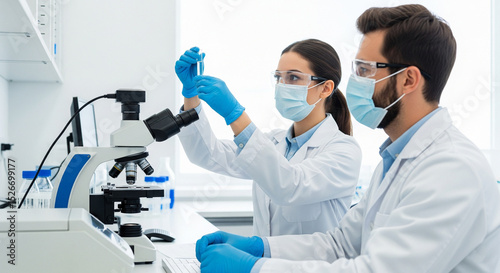 Two scientist working in laboratory wearing lab coats, masks, and gloves conducting research with a microscope and test tube in a modern laboratory setting
