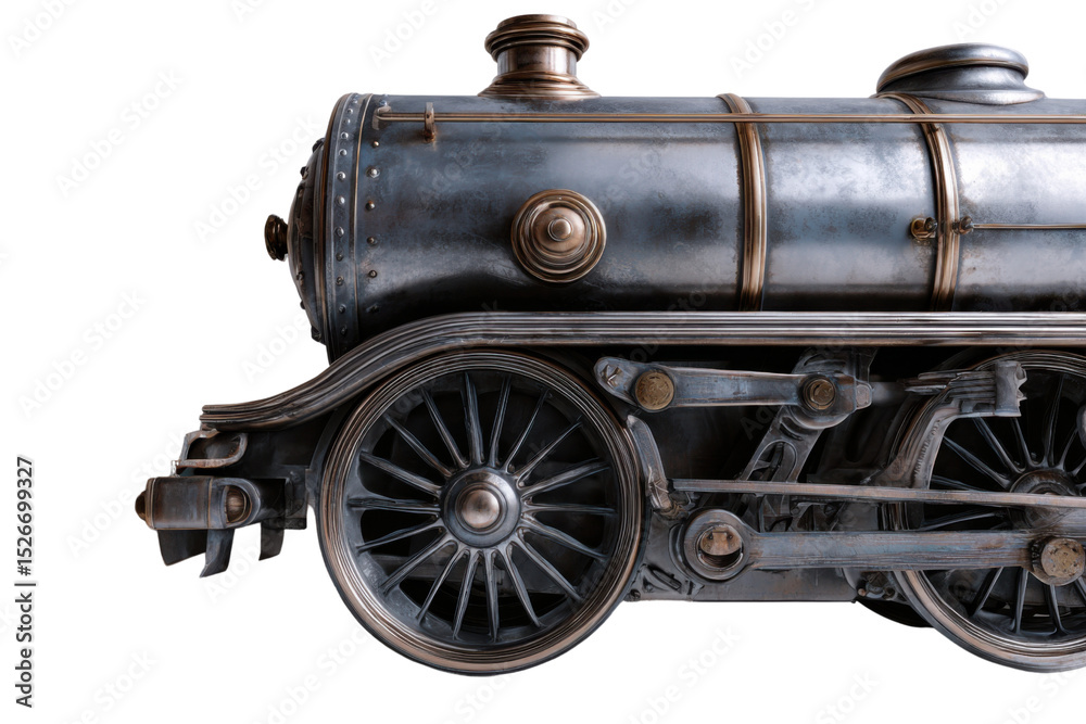 Fototapeta premium Vintage Train Details: A detailed view of a vintage steam train, showcasing its intricate design and robust metalwork, emphasizing the engineering of the past. 