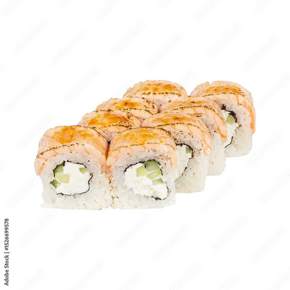 Delicious sushi rolls topped with creamy sauce and vibrant orange fish roe Delicious sushi rolls topped with creamy sauce and vibrant orange fish roe