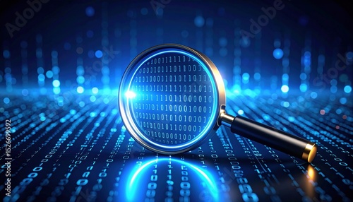 Unveiling the Digital Code: A magnifying glass focuses on binary code, with bokeh background highlighting digital data processing.