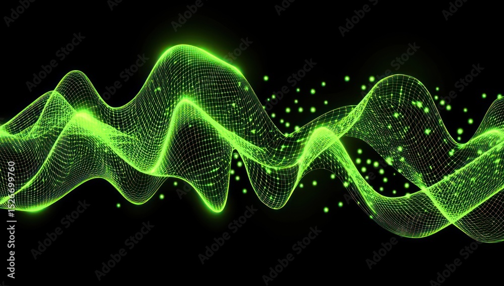 Fototapeta premium Green glowing wavy lines on a dark background.