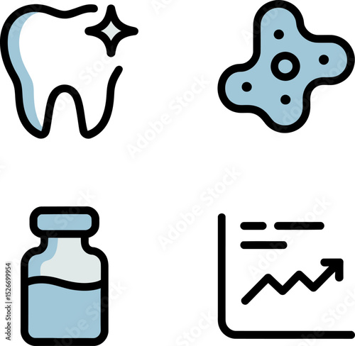 Oral and virus health icons. Tooth cavity, virus cells, vaccine bottle and patient improvement progress chart  