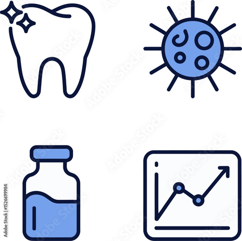 Pharmaceutical analysis icons. Medicine bottle, health chart, arrow analytics and data tracking for drug effect studies  