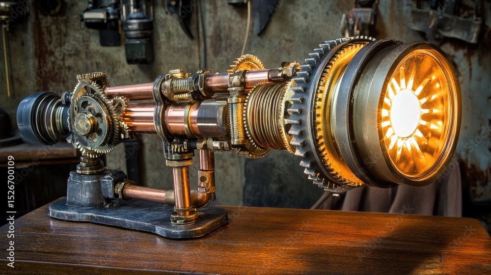 Fototapeta premium Steampunk lamp, intricate gears, copper pipes, glowing sun