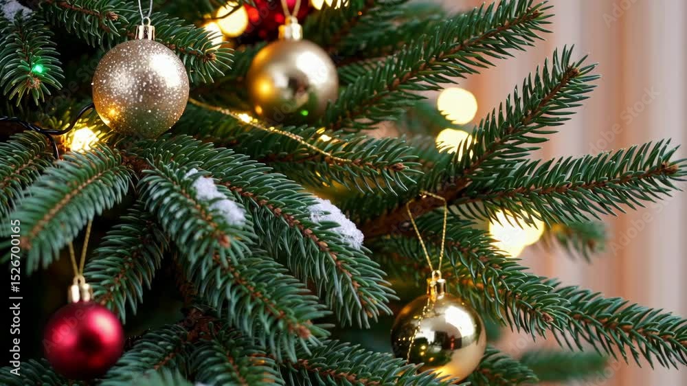 Animated visuals showcasing intricately decorated fir branches, festive golden baubles, shiny ornaments, and softly falling snowflakes, creating a magical Christmas atmosphere