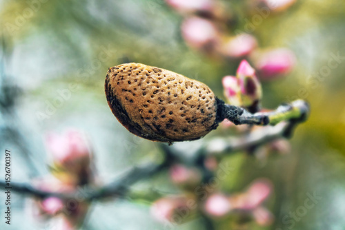 Beginning of wild almond (Prunus dulcis) flowering. Last year's fruits remained on branches. Fruits are poisonous, amygdalin glycoside, prussic acid. Fruits used in cooking. Almond milk, horchata