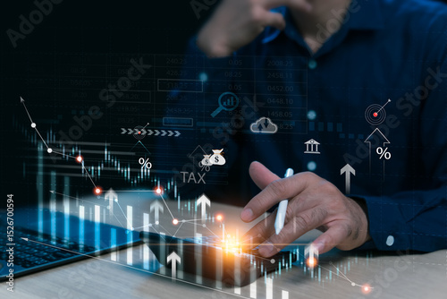 Financial investment analysis concepts, stock trading, budget assessment, government budget disbursement, retirement dividends, and income tax rate calculation using calculators and laptop devices.