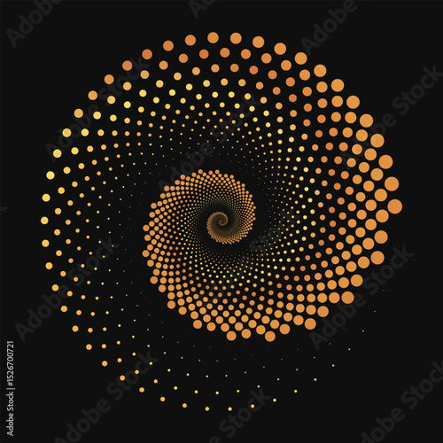 Galactic Spiral Design, A Hypnotic Abstract Artwork with Radiant Golden Dots in a Cosmic Vortex Pattern for Visual Impact.