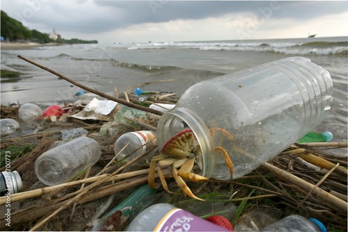 Plastic waste and trash on ocean and seashore showing marine pollution and environmental damage. A world issue affecting oceans and marine ecosystems worldwide. photo