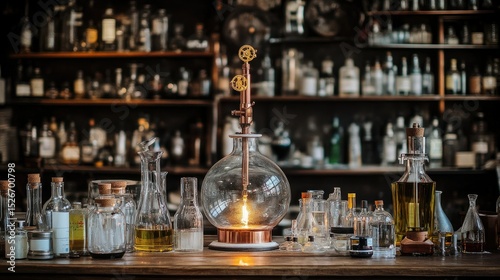 Dark, vintage-style bar with lab glassware and a lit lamp