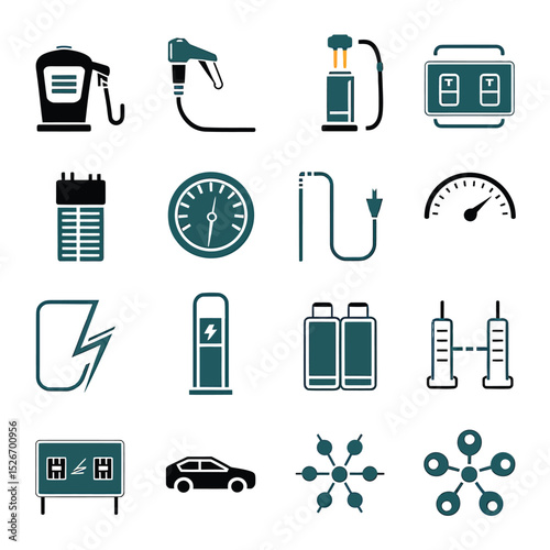 vector icons to vehicle fueling and charging a gasoline pump, an electric vehicle plug hydrogen mole