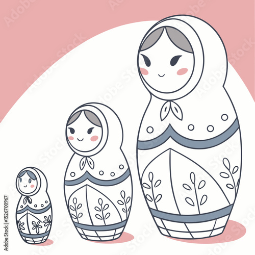 Three colorful matryoshka dolls in a simple, modern style