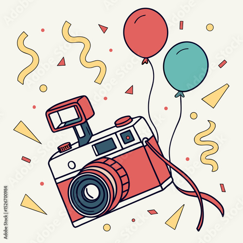 Vintage camera with colorful balloons and festive confetti decoration  