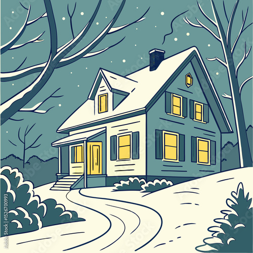 Cozy house illuminated at night during winter snowfall  