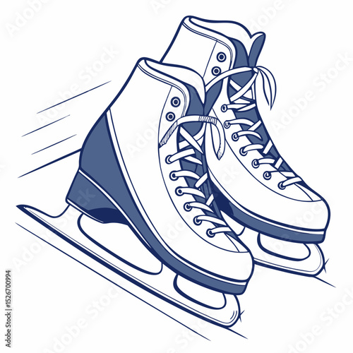 Ice skates designed in blue line art style on ice surface  