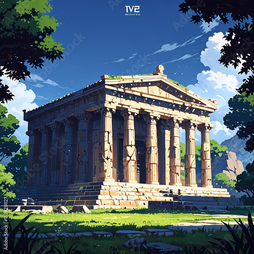 Pixel Render of Parthenon-Inspired Temple, Classical Game Asset