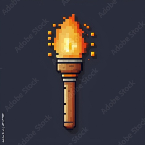8-Bit Pixel Torch Icon, Ancient Greek Fire Symbol in Retro Style
