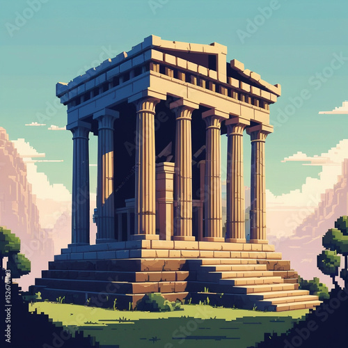 Retro Ancient Temple Drawing, 8-Bit Style Historic Landmark
