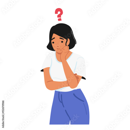 Thinking woman cartoon characters showcasing questioning emotion feeling worried isolated on white