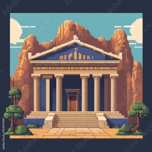 Pixel Render of Parthenon-Inspired Temple, Classical Game Asset