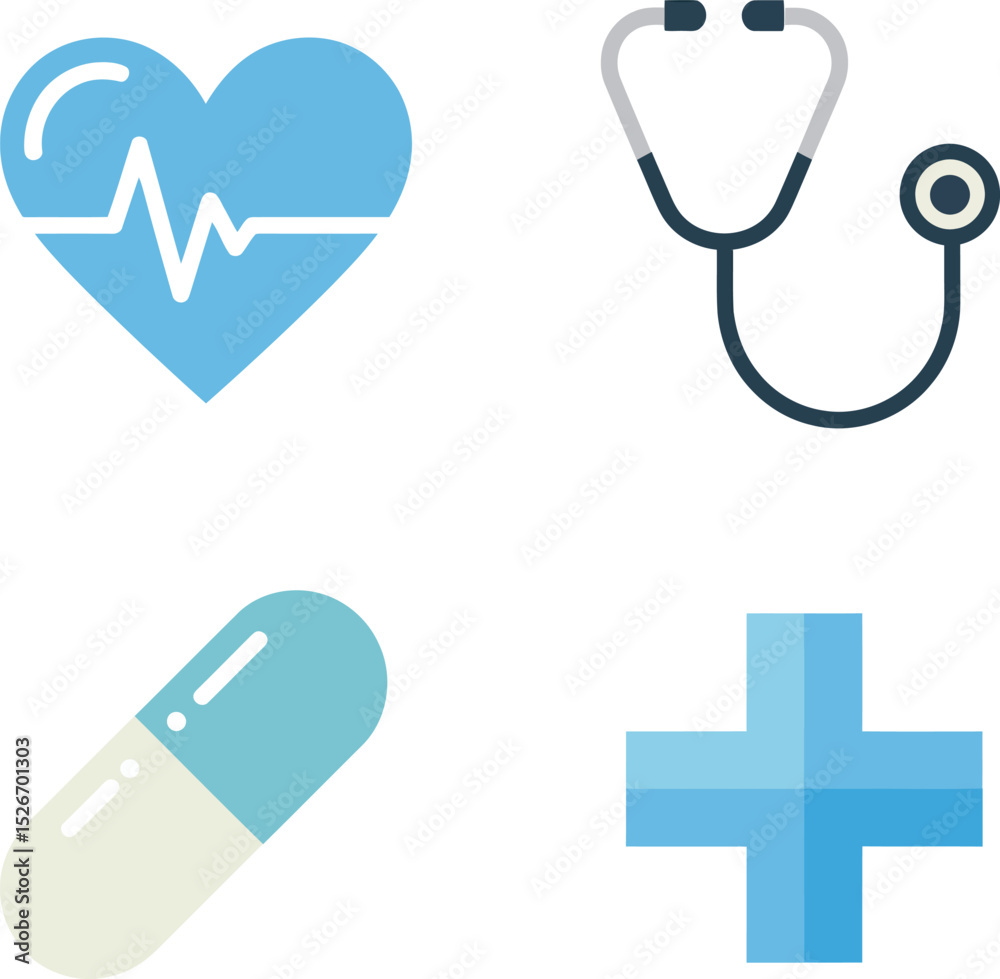Obraz premium Essential medical symbols. Heart care, stethoscope checkup, capsule, and first aid cross icon collection for hospitals 