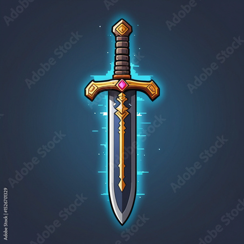 Fantasy Glowing Blue Sword with Gold Hilt, Stylized RPG Weapon Icon
