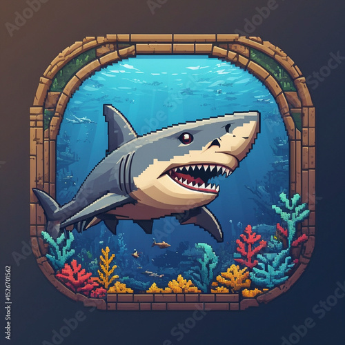 Pixel Art Shark in Coral Reef, Retro Ocean Game Style
