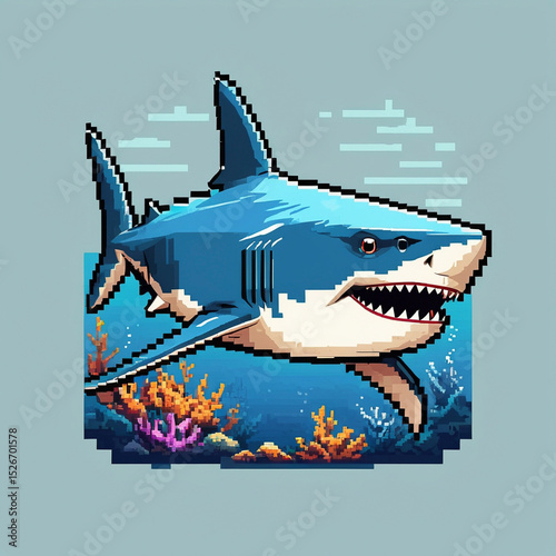 Pixel Art Shark in Coral Reef, Retro Ocean Game Style
