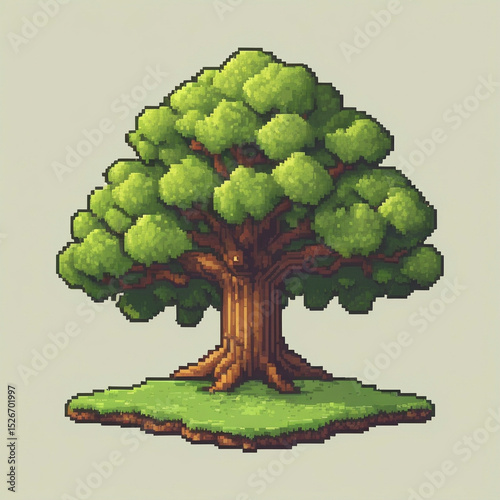 Pixel Art Tree with Green Leaves and Grass
