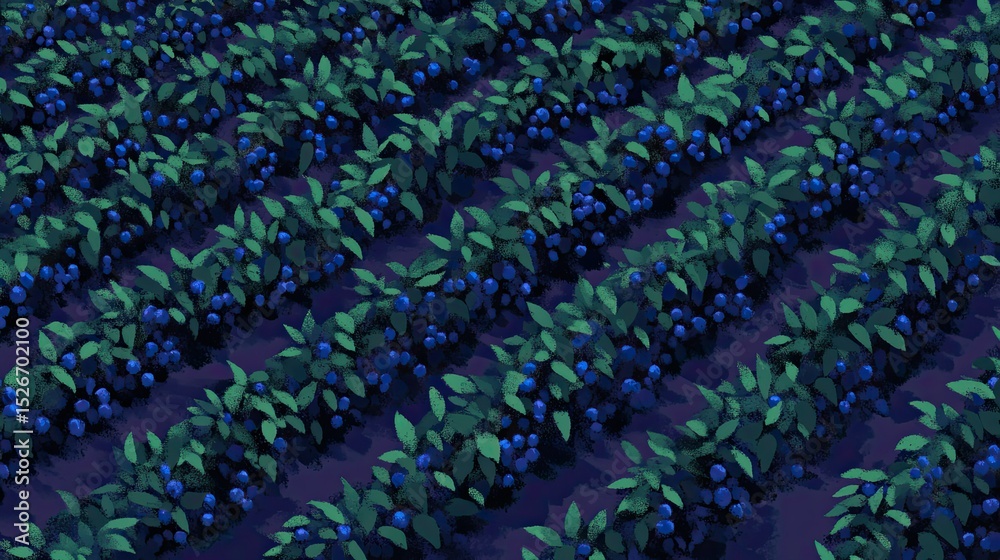 Fototapeta premium Blueberry field, stylized, rows, vibrant colors, geometric